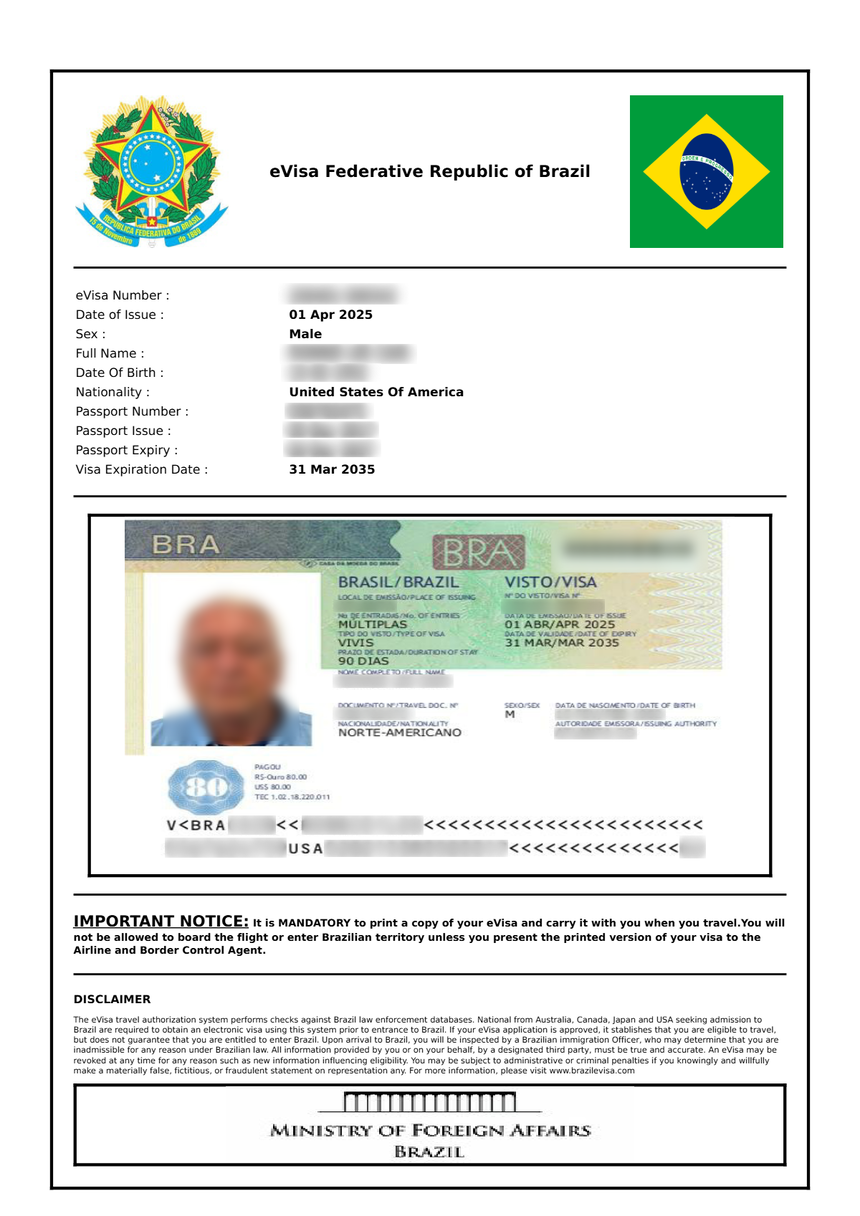 Brasilien eVisa Muster – elektronisches Visum